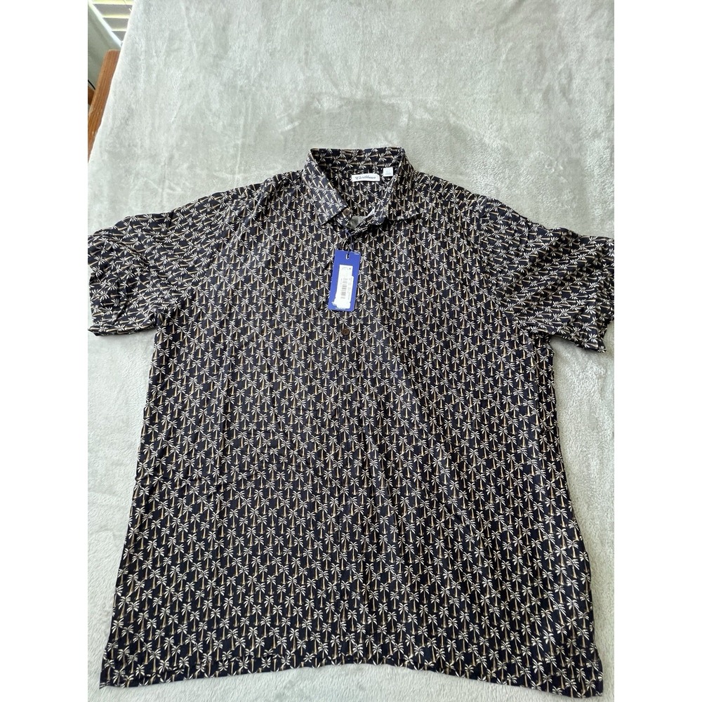 Caribbean Mens Shirt 3XT Navy Tan Palm Print Rayon Button Up Hawaiian Camp NWT